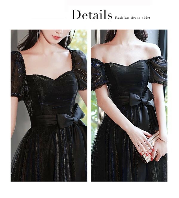 ロングドレス 演奏会 黒 ドレス ブラック リボン 袖あり パフスリーブ オフショルダー 2WAY 小さいサイズ ピアノ 発表会 Aライン 背中開き 大人 編み上げ 二次会 花嫁 結婚式 母親 ドレス