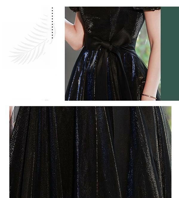 ロングドレス 演奏会 黒 ドレス ブラック リボン 袖あり パフスリーブ オフショルダー 2WAY 小さいサイズ ピアノ 発表会 Aライン 背中開き 大人 編み上げ 二次会 花嫁 結婚式 母親 ドレス