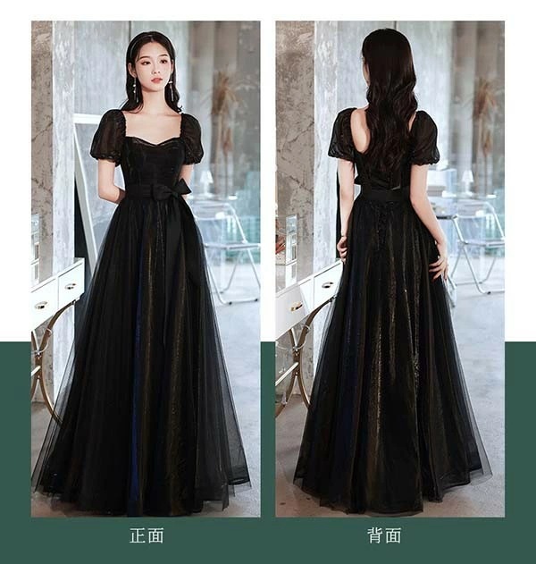 ロングドレス 演奏会 黒 ドレス ブラック リボン 袖あり パフスリーブ オフショルダー 2WAY 小さいサイズ ピアノ 発表会 Aライン 背中開き 大人 編み上げ 二次会 花嫁 結婚式 母親 ドレス