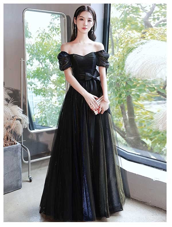 ロングドレス 演奏会 黒 ドレス ブラック リボン 袖あり パフスリーブ オフショルダー 2WAY 小さいサイズ ピアノ 発表会 Aライン 背中開き 大人 編み上げ 二次会 花嫁 結婚式 母親 ドレス