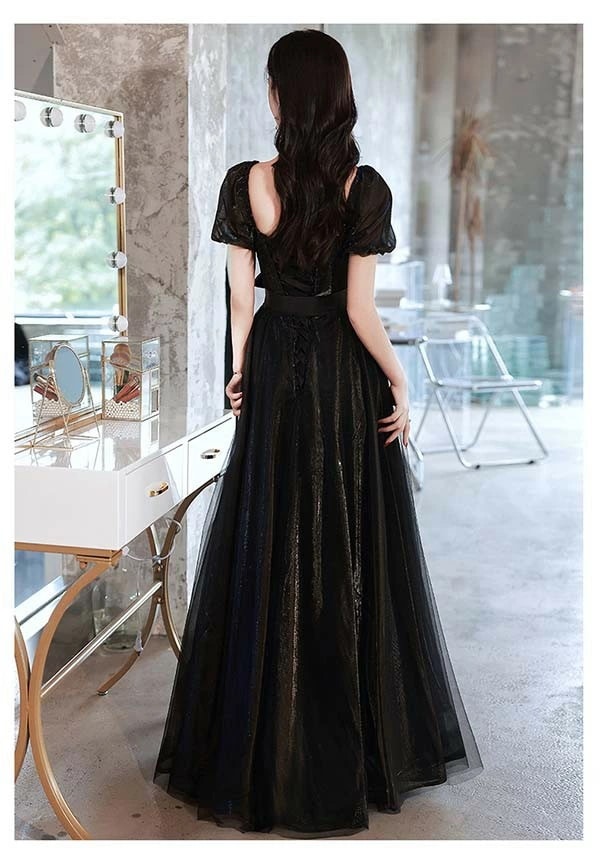 ロングドレス 演奏会 黒 ドレス ブラック リボン 袖あり パフスリーブ オフショルダー 2WAY 小さいサイズ ピアノ 発表会 Aライン 背中開き 大人 編み上げ 二次会 花嫁 結婚式 母親 ドレス