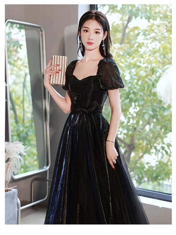 ロングドレス 演奏会 黒 ドレス ブラック リボン 袖あり パフスリーブ オフショルダー 2WAY 小さいサイズ ピアノ 発表会 Aライン 背中開き 大人 編み上げ 二次会 花嫁 結婚式 母親 ドレス