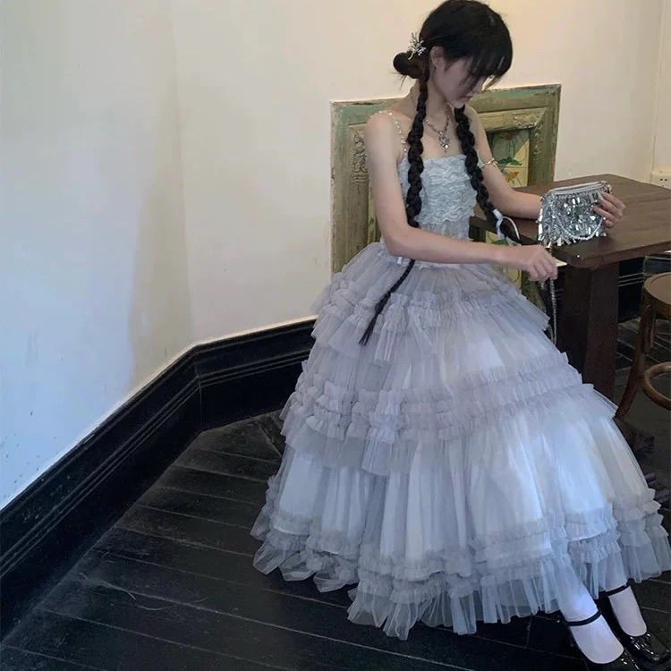 ロリータドレスレイヤーケーキ灰色のjskフラワーウェディングドレスロリータエレガントなプリンセスドレスワンピースドレスドレス