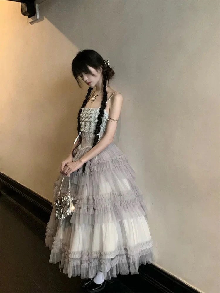 ロリータドレスレイヤーケーキ灰色のjskフラワーウェディングドレスロリータエレガントなプリンセスドレスワンピースドレスドレス