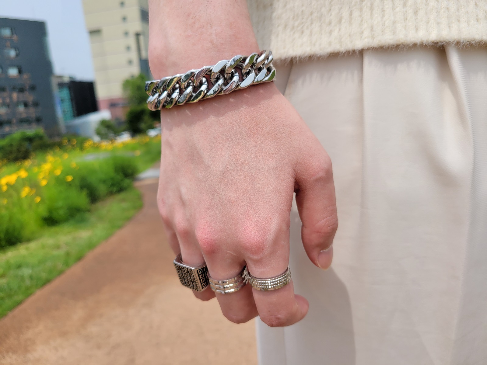 ノーブルンステンレススチール15mm骸骨シルバー名品芸能人韓国メンズブレスレット