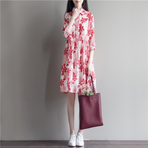 1274 .花柄コットンプリントワンピース(レッド) 1274 .花柄コットンプリントワンピース(レッド)