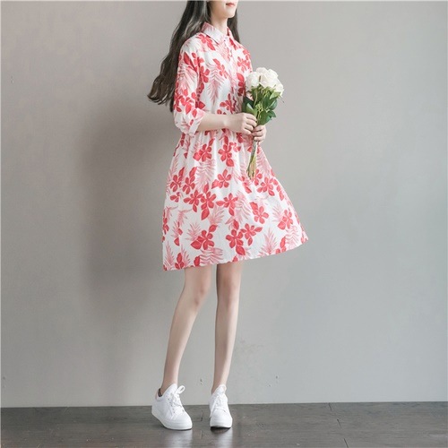 1274 .花柄コットンプリントワンピース(レッド) 1274 .花柄コットンプリントワンピース(レッド)