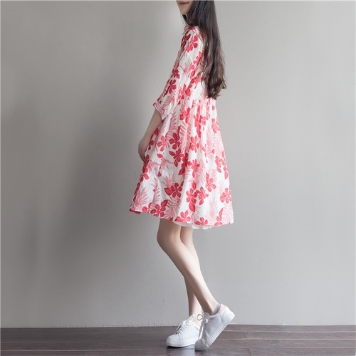 1274 .花柄コットンプリントワンピース(レッド) 1274 .花柄コットンプリントワンピース(レッド)