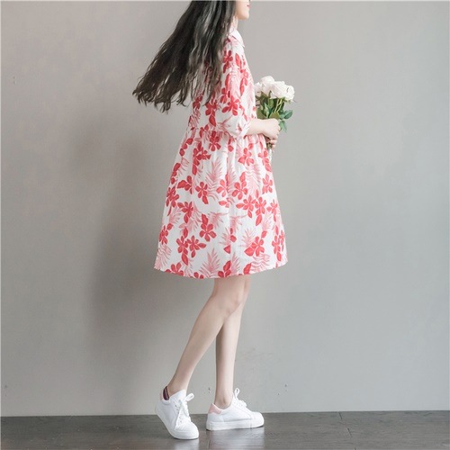 1274 .花柄コットンプリントワンピース(レッド) 1274 .花柄コットンプリントワンピース(レッド)