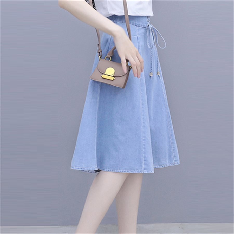 スカート ロングスカート ミモレ丈 膝丈 フレア Aライン シンプル 編み上げ コルセット風 ハイウエスト ポケット デニム 薄手 かわいい 大人可愛い きれいめ カジュアル 大人