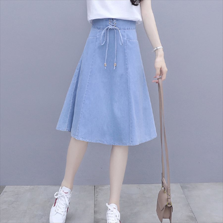 スカート ロングスカート ミモレ丈 膝丈 フレア Aライン シンプル 編み上げ コルセット風 ハイウエスト ポケット デニム 薄手 かわいい 大人可愛い きれいめ カジュアル 大人