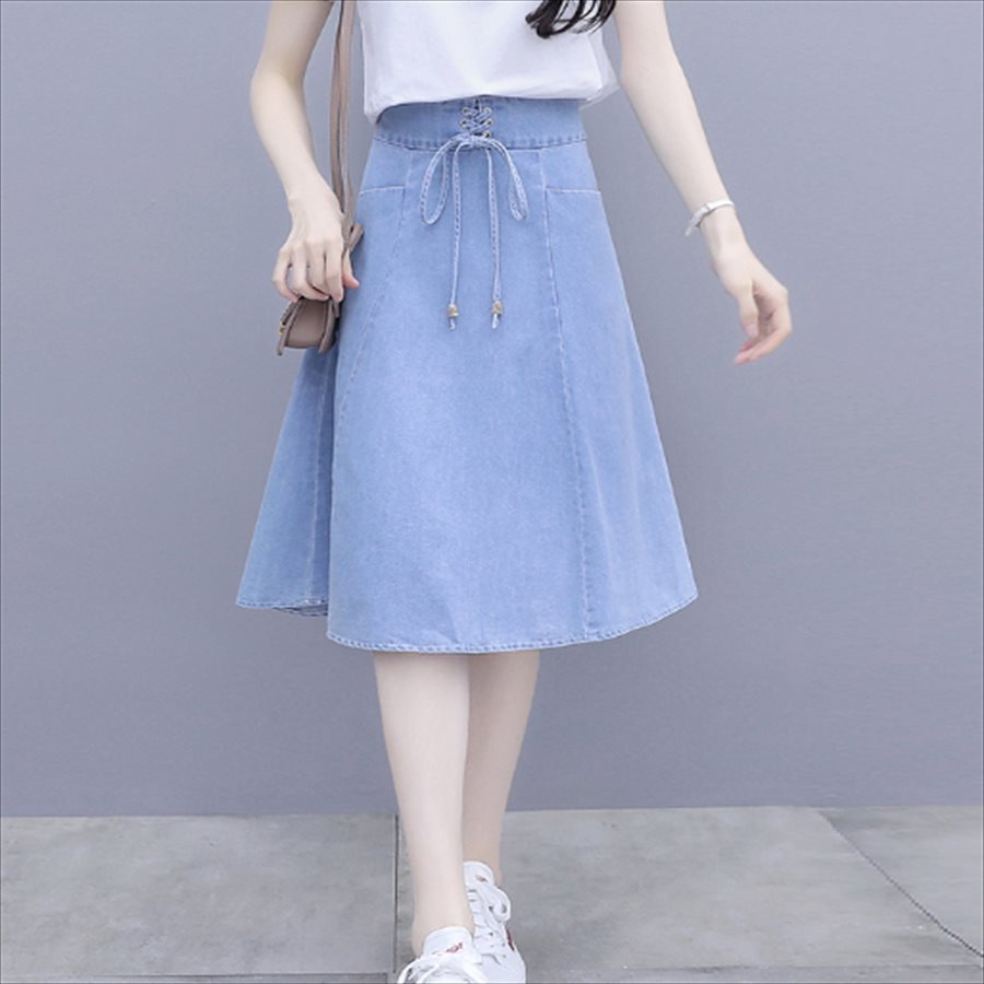 スカート ロングスカート ミモレ丈 膝丈 フレア Aライン シンプル 編み上げ コルセット風 ハイウエスト ポケット デニム 薄手 かわいい 大人可愛い きれいめ カジュアル 大人