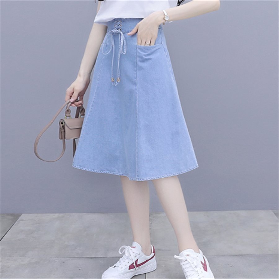 スカート ロングスカート ミモレ丈 膝丈 フレア Aライン シンプル 編み上げ コルセット風 ハイウエスト ポケット デニム 薄手 かわいい 大人可愛い きれいめ カジュアル 大人