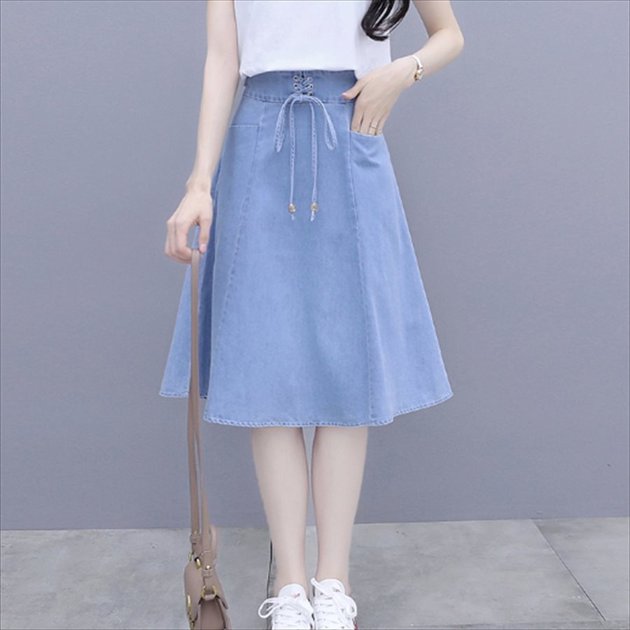 スカート ロングスカート ミモレ丈 膝丈 フレア Aライン シンプル 編み上げ コルセット風 ハイウエスト ポケット デニム 薄手 かわいい 大人可愛い きれいめ カジュアル 大人