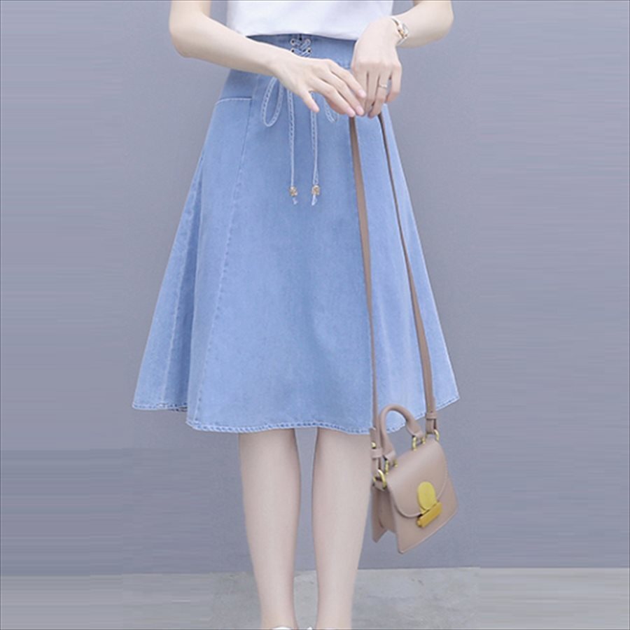 スカート ロングスカート ミモレ丈 膝丈 フレア Aライン シンプル 編み上げ コルセット風 ハイウエスト ポケット デニム 薄手 かわいい 大人可愛い きれいめ カジュアル 大人