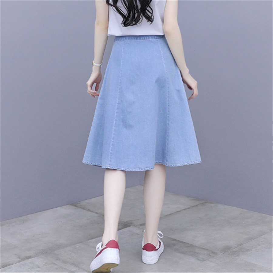 スカート ロングスカート ミモレ丈 膝丈 フレア Aライン シンプル 編み上げ コルセット風 ハイウエスト ポケット デニム 薄手 かわいい 大人可愛い きれいめ カジュアル 大人
