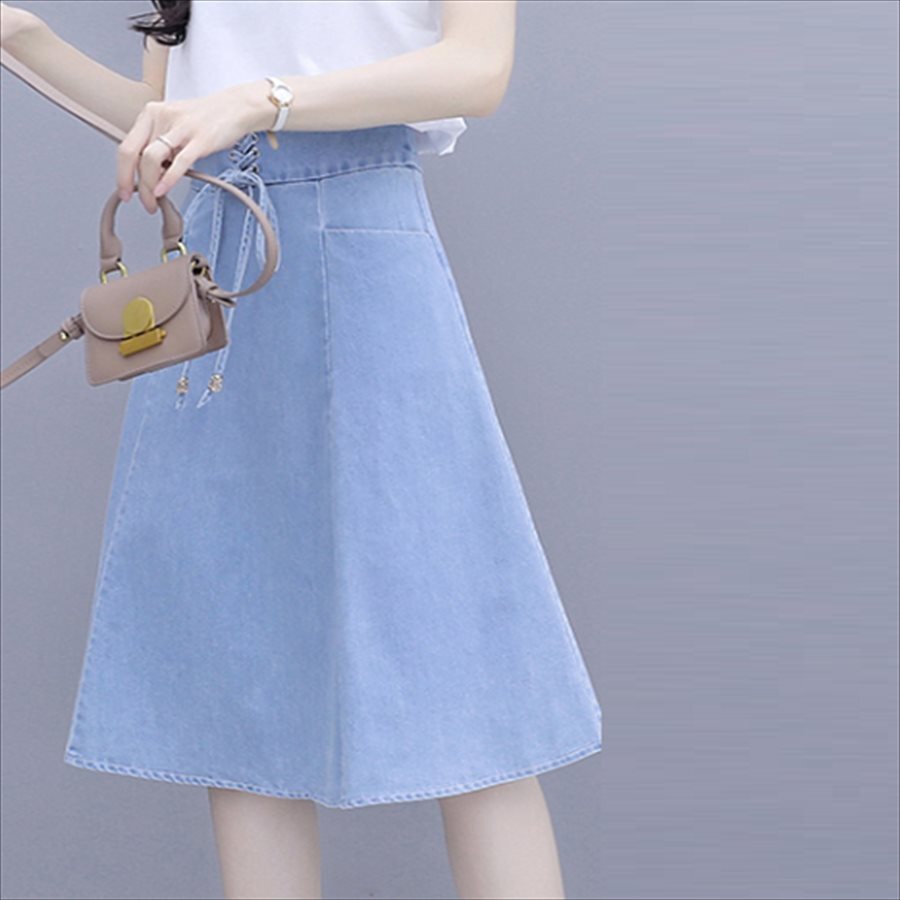 スカート ロングスカート ミモレ丈 膝丈 フレア Aライン シンプル 編み上げ コルセット風 ハイウエスト ポケット デニム 薄手 かわいい 大人可愛い きれいめ カジュアル 大人
