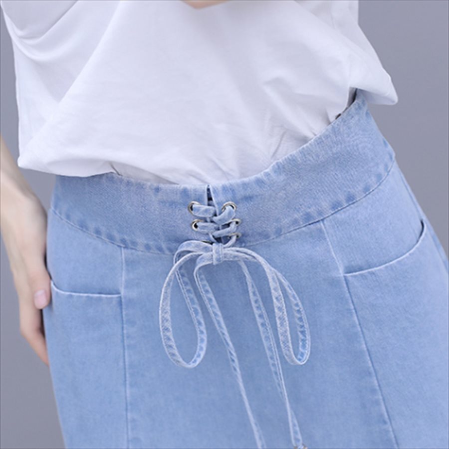 スカート ロングスカート ミモレ丈 膝丈 フレア Aライン シンプル 編み上げ コルセット風 ハイウエスト ポケット デニム 薄手 かわいい 大人可愛い きれいめ カジュアル 大人