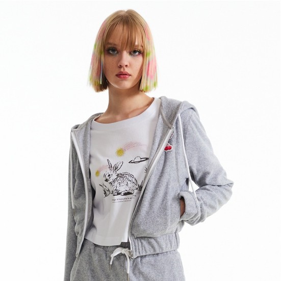 [ルセラフィムホンウンチェ着用] CHERRY CROP TERRY HOODIE ZIP UP [MELANGE GRAY] 男女兼用 韓国の人気商品 韓国ストリートファッション SNSで人気