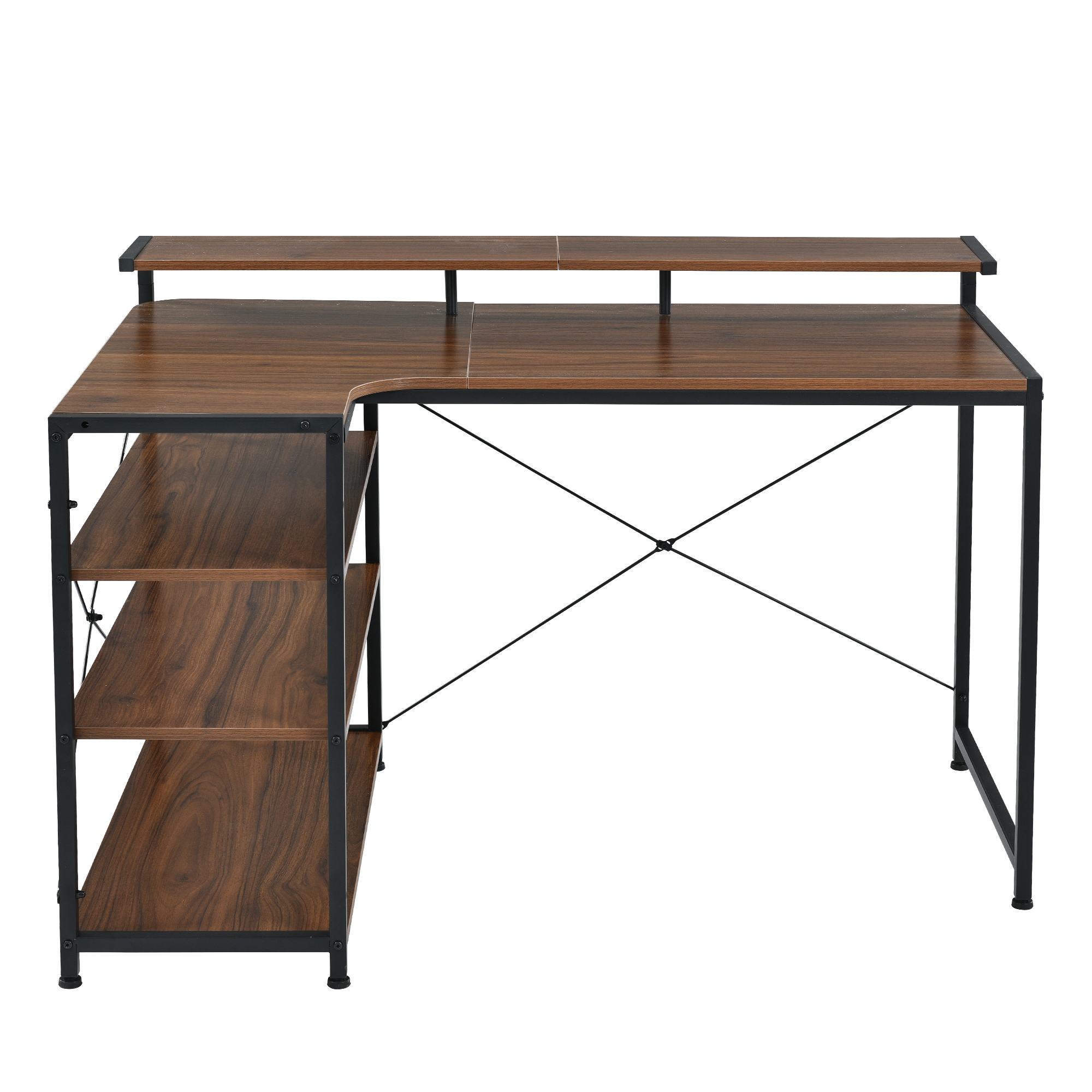 【国内発送&送·料·無·料】【オフィスチェア+パソコンデスク セット&【人気商品改良タイプ&【ブラウン&パソコンデスク 3段ラック付 L字 120cm ハイデスク付き 書斎机 ミシン台 デスク木製 勉