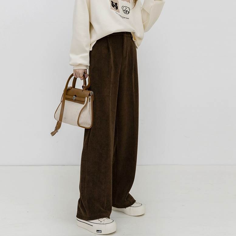 ボトムス レディース コーデュロイ ツータック セミワイド 秋 冬 ニットパンツ パンツ ワイドパンツ タックパンツ ウエストゴム 個性的 センタープレス ニット 茶色 ライトベージュ 大人可愛い き