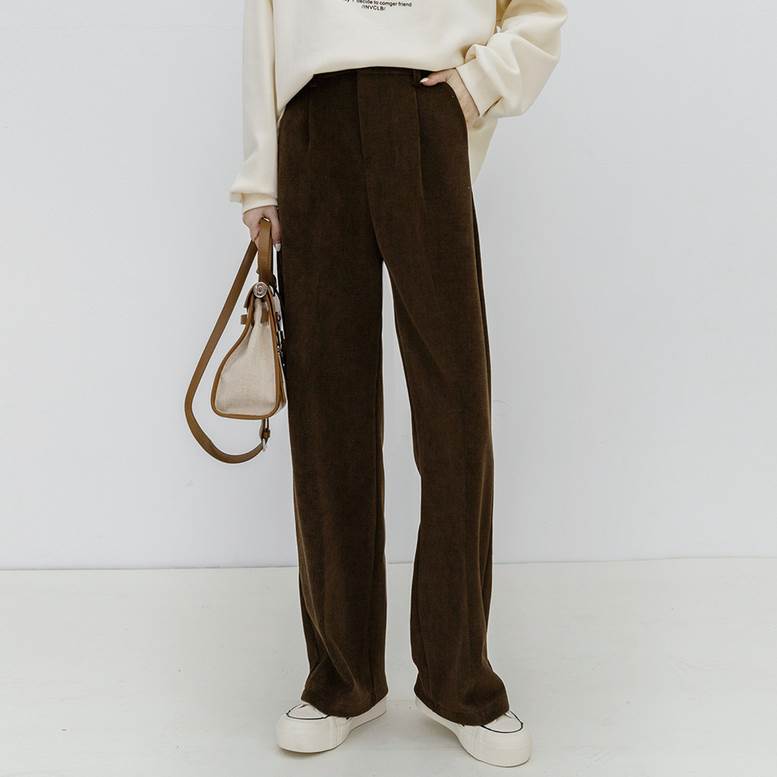 ボトムス レディース コーデュロイ ツータック セミワイド 秋 冬 ニットパンツ パンツ ワイドパンツ タックパンツ ウエストゴム 個性的 センタープレス ニット 茶色 ライトベージュ 大人可愛い き