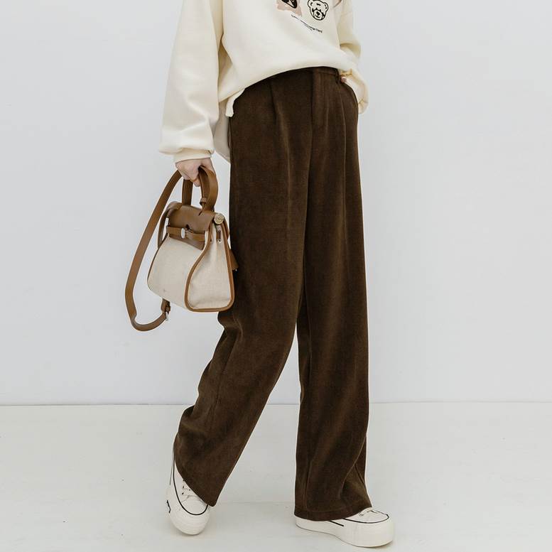 ボトムス レディース コーデュロイ ツータック セミワイド 秋 冬 ニットパンツ パンツ ワイドパンツ タックパンツ ウエストゴム 個性的 センタープレス ニット 茶色 ライトベージュ 大人可愛い き