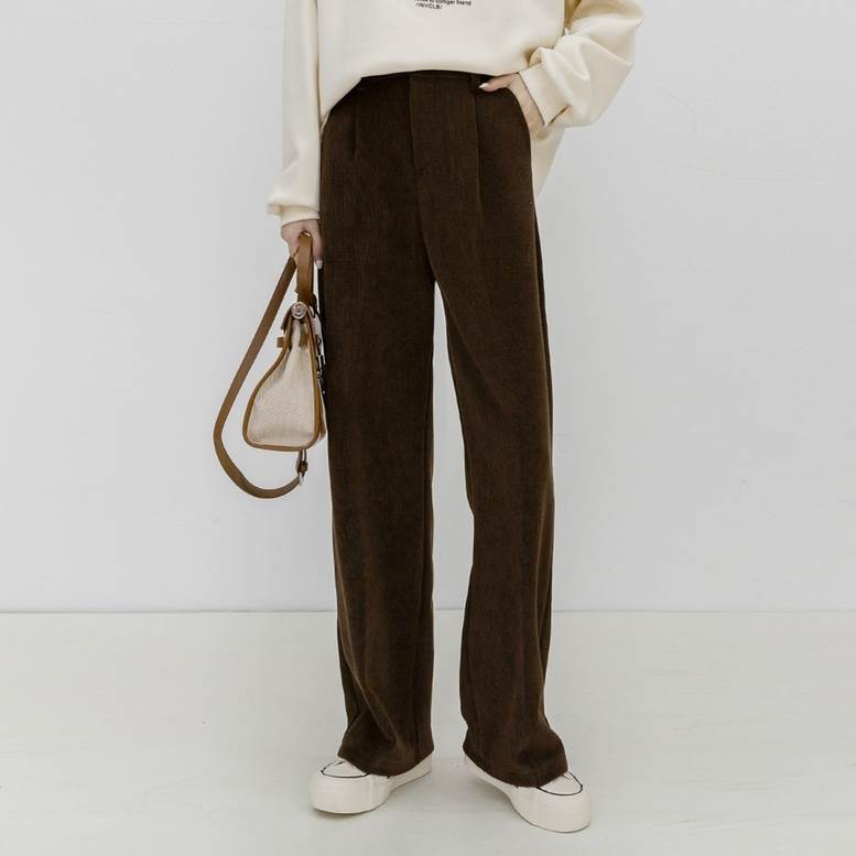 ボトムス レディース コーデュロイ ツータック セミワイド 秋 冬 ニットパンツ パンツ ワイドパンツ タックパンツ ウエストゴム 個性的 センタープレス ニット 茶色 ライトベージュ 大人可愛い き
