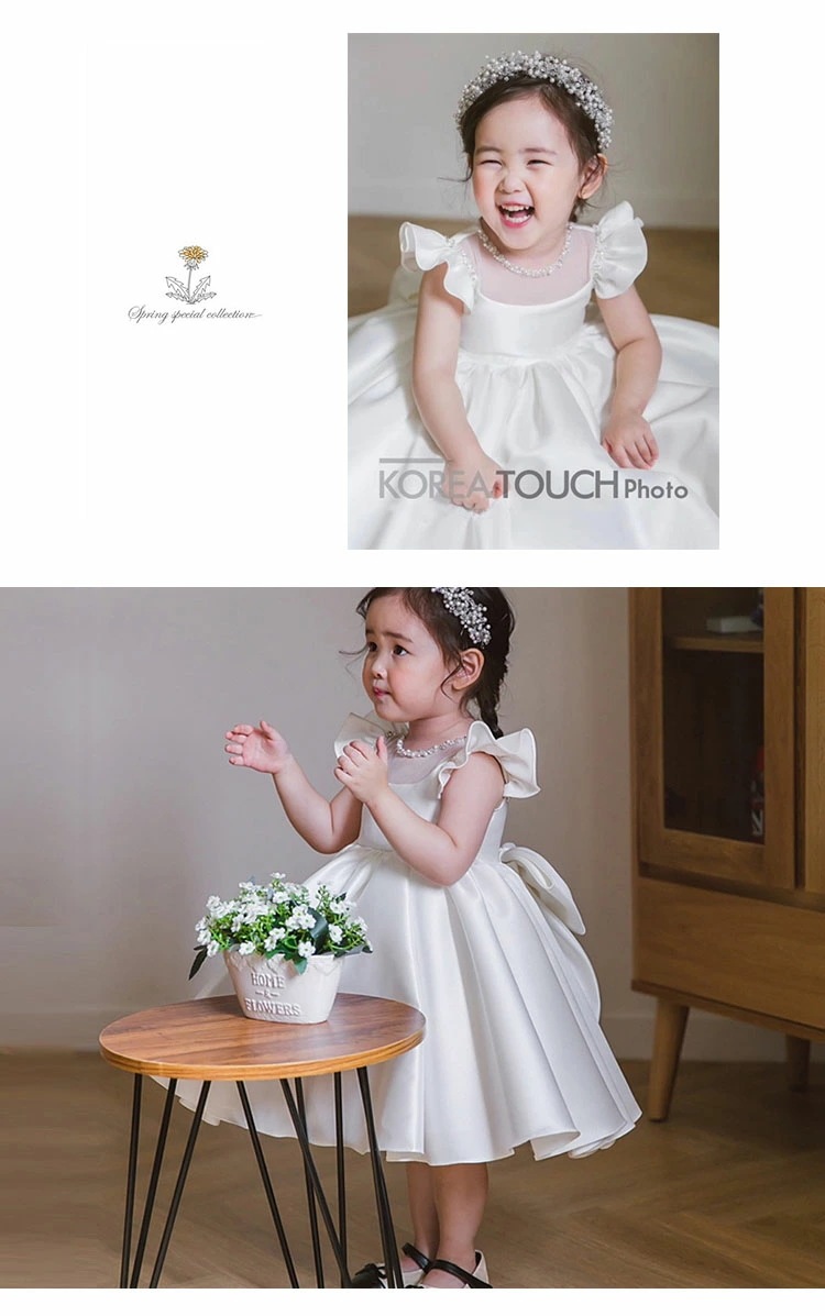 ドレス 子ども フリルの袖 超ボリューム【商品到着後レビューを書いて靴下２足【M1足+XL1足】ベビードレス ピアノ 発表会 大きいリボン 子供フォーマルドレス フラワーガール ホワイト 女の子花ドレ