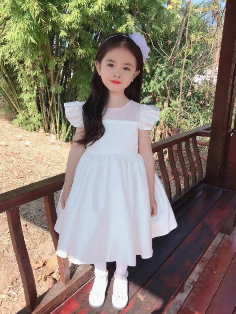 ドレス 子ども フリルの袖 超ボリューム【商品到着後レビューを書いて靴下２足【M1足+XL1足】ベビードレス ピアノ 発表会 大きいリボン 子供フォーマルドレス フラワーガール ホワイト 女の子花ドレ