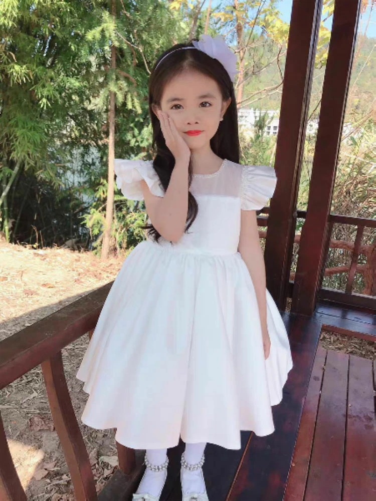 ドレス 子ども フリルの袖 超ボリューム【商品到着後レビューを書いて靴下２足【M1足+XL1足】ベビードレス ピアノ 発表会 大きいリボン 子供フォーマルドレス フラワーガール ホワイト 女の子花ドレ