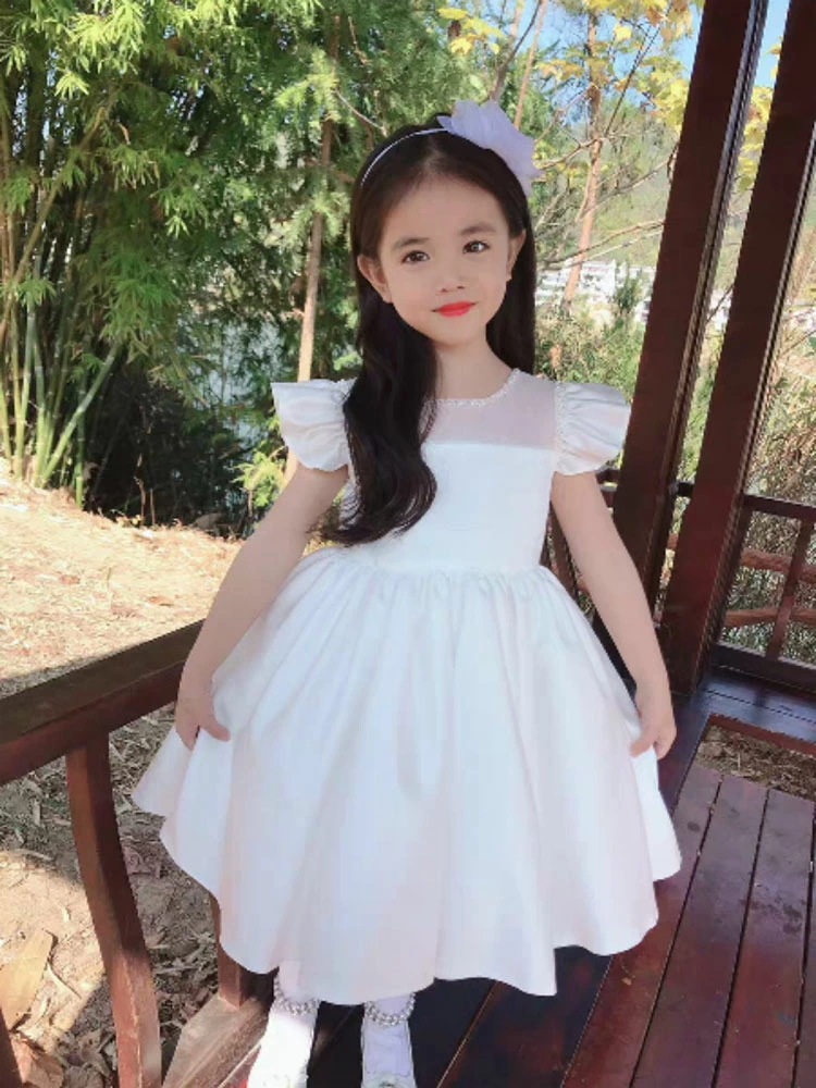 ドレス 子ども フリルの袖 超ボリューム【商品到着後レビューを書いて靴下２足【M1足+XL1足】ベビードレス ピアノ 発表会 大きいリボン 子供フォーマルドレス フラワーガール ホワイト 女の子花ドレ