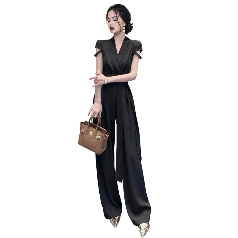 連体ズボン2025夏 名媛vネックは腰ベルト 気質を収めてやせている半袖 女性 ワイドパンツを現します grupoguza.com