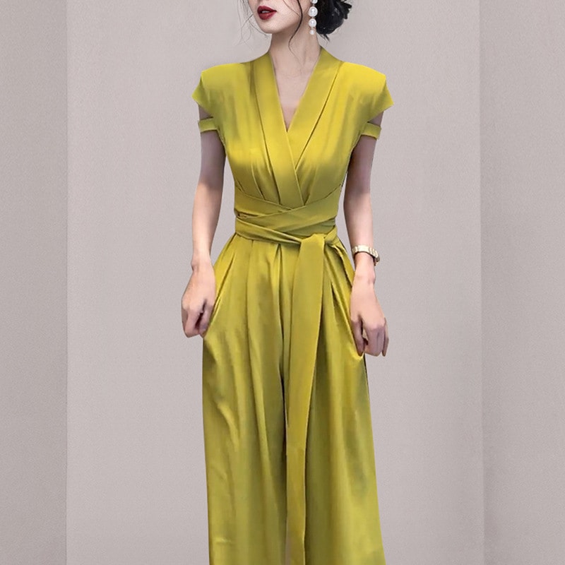 連体ズボン2025夏 名媛vネックは腰ベルト 気質を収めてやせている半袖 女性 ワイドパンツを現します grupoguza.com