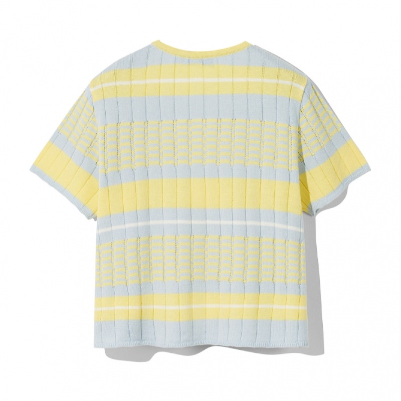 CODEGY (女性) ポイントラベルストライプクロップカーディガン_イエロー CODEGY (女性) ポイントラベルストライプクロップカーディガン_イエロー