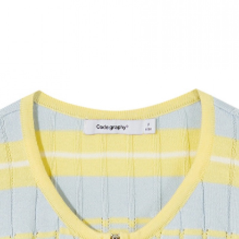 CODEGY (女性) ポイントラベルストライプクロップカーディガン_イエロー CODEGY (女性) ポイントラベルストライプクロップカーディガン_イエロー