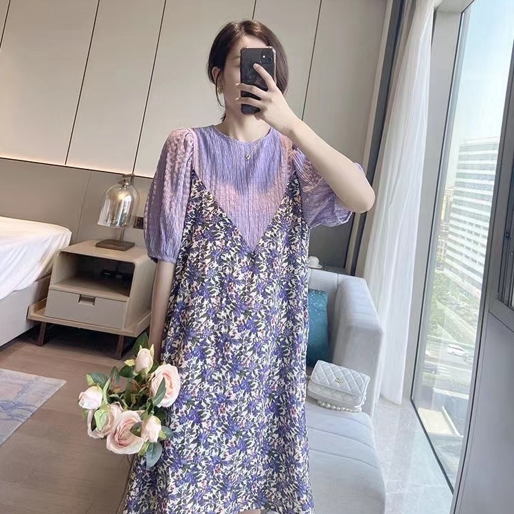 【送料無料】マタニティ ワンピース 膝丈 花柄 フラワー ラウンドネック 五分袖 パフスリーブ 【送料無料】マタニティ ワンピース 膝丈 花柄 フラワー ラウンドネック 五分袖 パフスリーブ