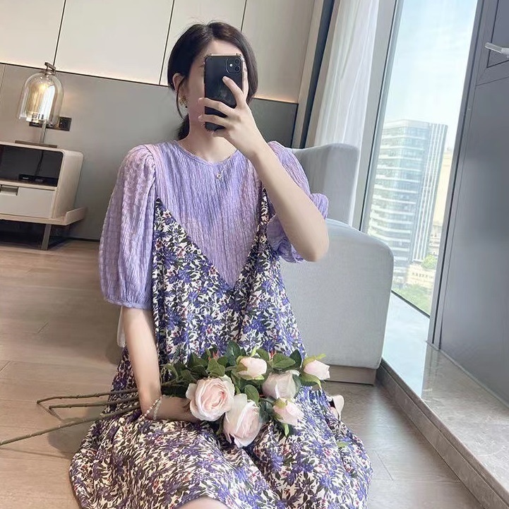 【送料無料】マタニティ ワンピース 膝丈 花柄 フラワー ラウンドネック 五分袖 パフスリーブ 【送料無料】マタニティ ワンピース 膝丈 花柄 フラワー ラウンドネック 五分袖 パフスリーブ