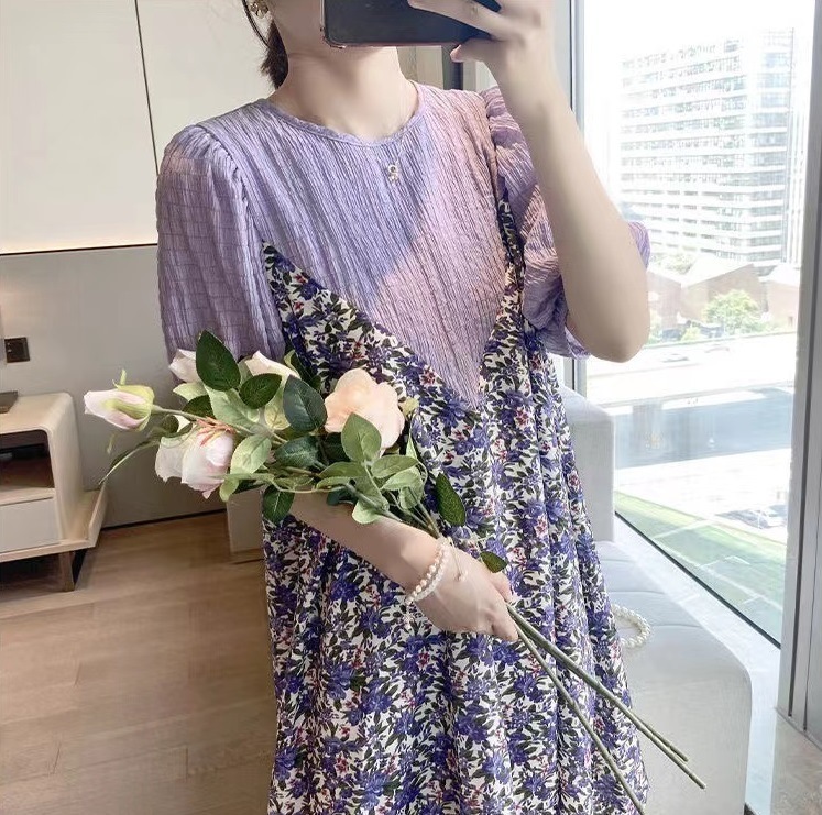 【送料無料】マタニティ ワンピース 膝丈 花柄 フラワー ラウンドネック 五分袖 パフスリーブ 【送料無料】マタニティ ワンピース 膝丈 花柄 フラワー ラウンドネック 五分袖 パフスリーブ