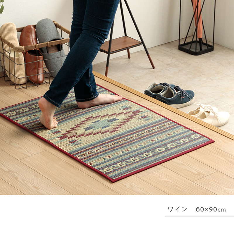 玄関マット 屋内 大きめ 70x120cm 夏用 国産 い草ラグ 袋三重織り おしゃれ キリム柄 滑り止め付き 玄関マット 屋内 大きめ 70x120cm 夏用 国産 い草ラグ 袋三重織り おしゃれ キリム柄 滑り止め付き