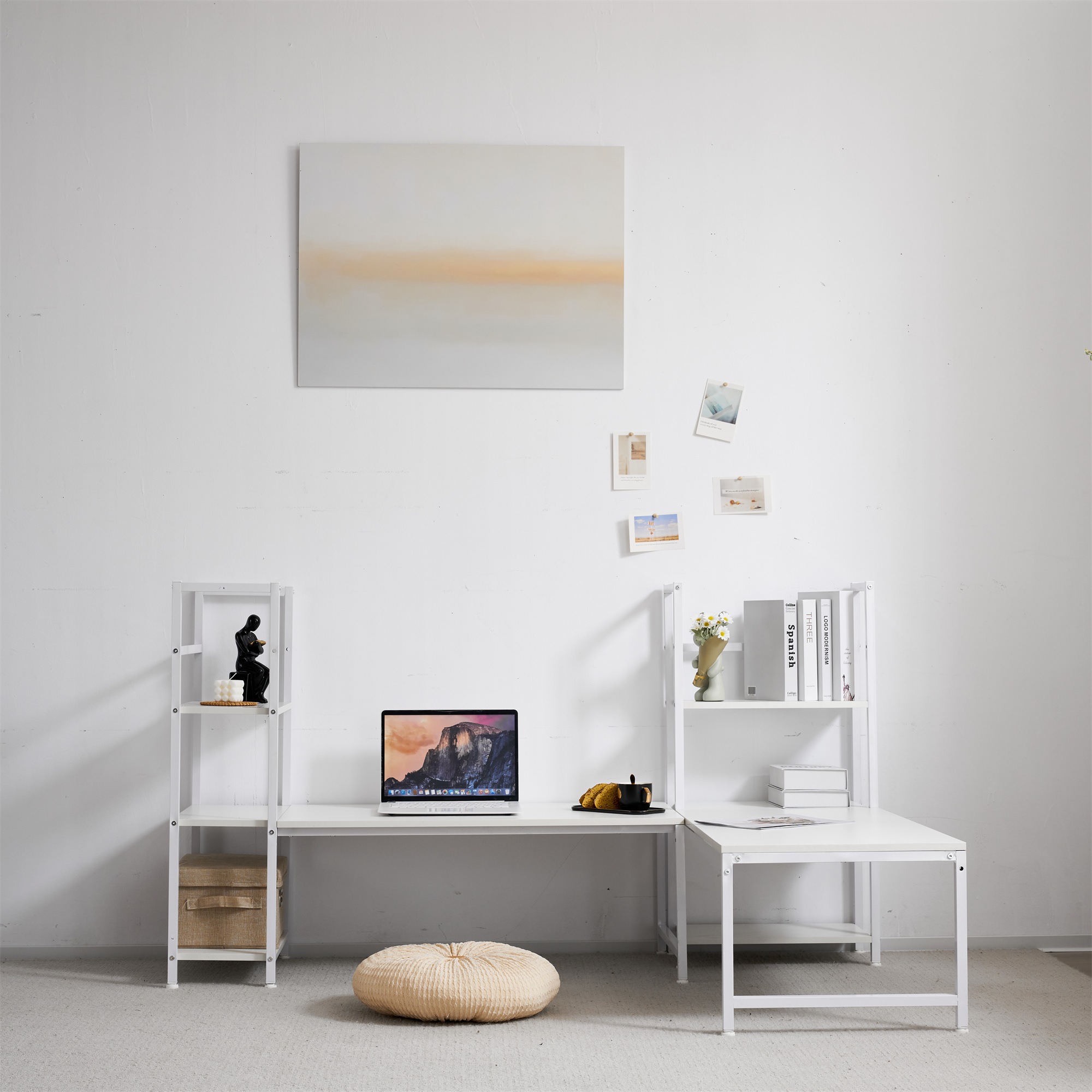 【国内発送,送.料無料】A128【新品登場】【ホワイト】H型PCデスク ロータイプ一体型 ラック付き デスク ワークデスク 木製 学習デスク