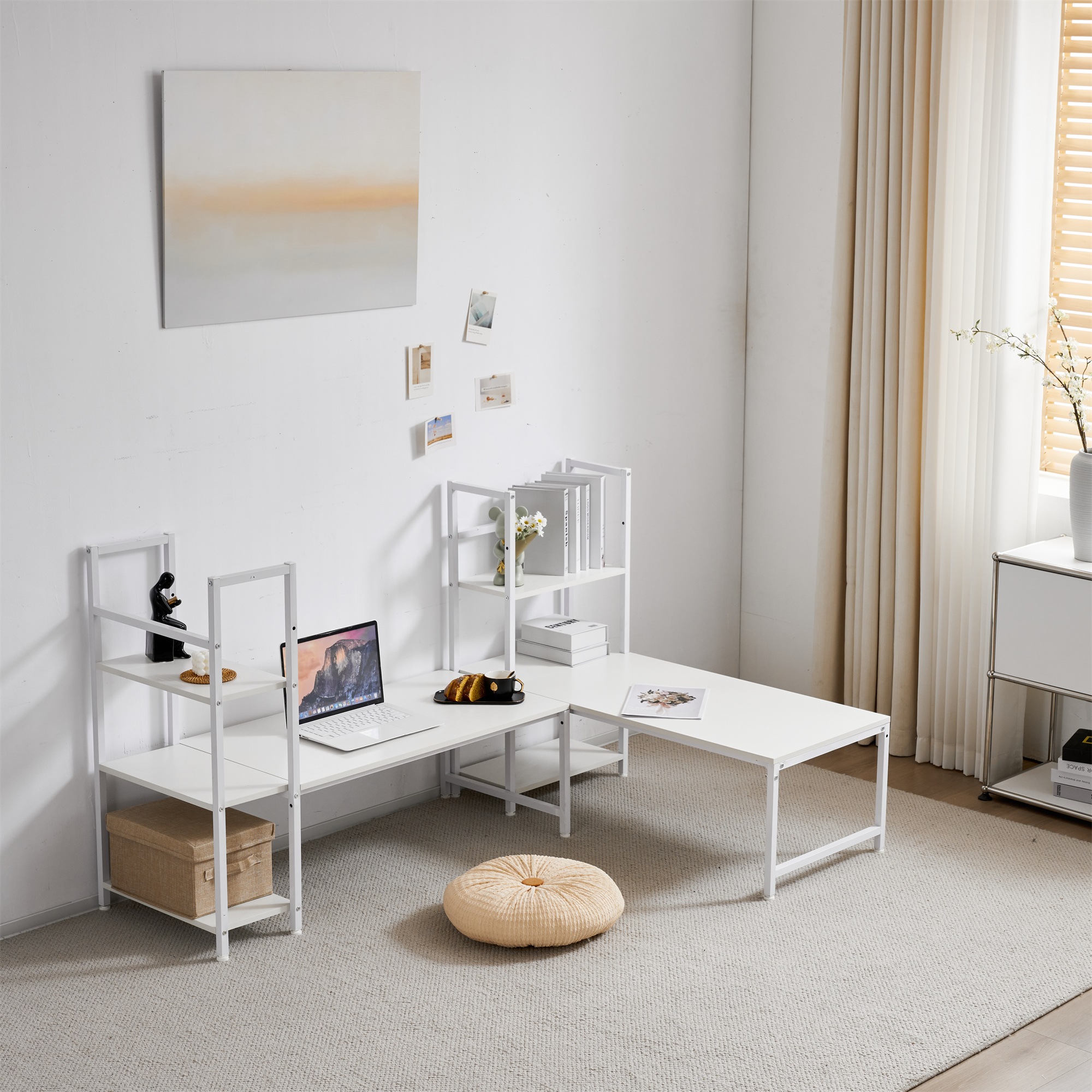 【国内発送,送.料無料】A128【新品登場】【ホワイト】H型PCデスク ロータイプ一体型 ラック付き デスク ワークデスク 木製 学習デスク