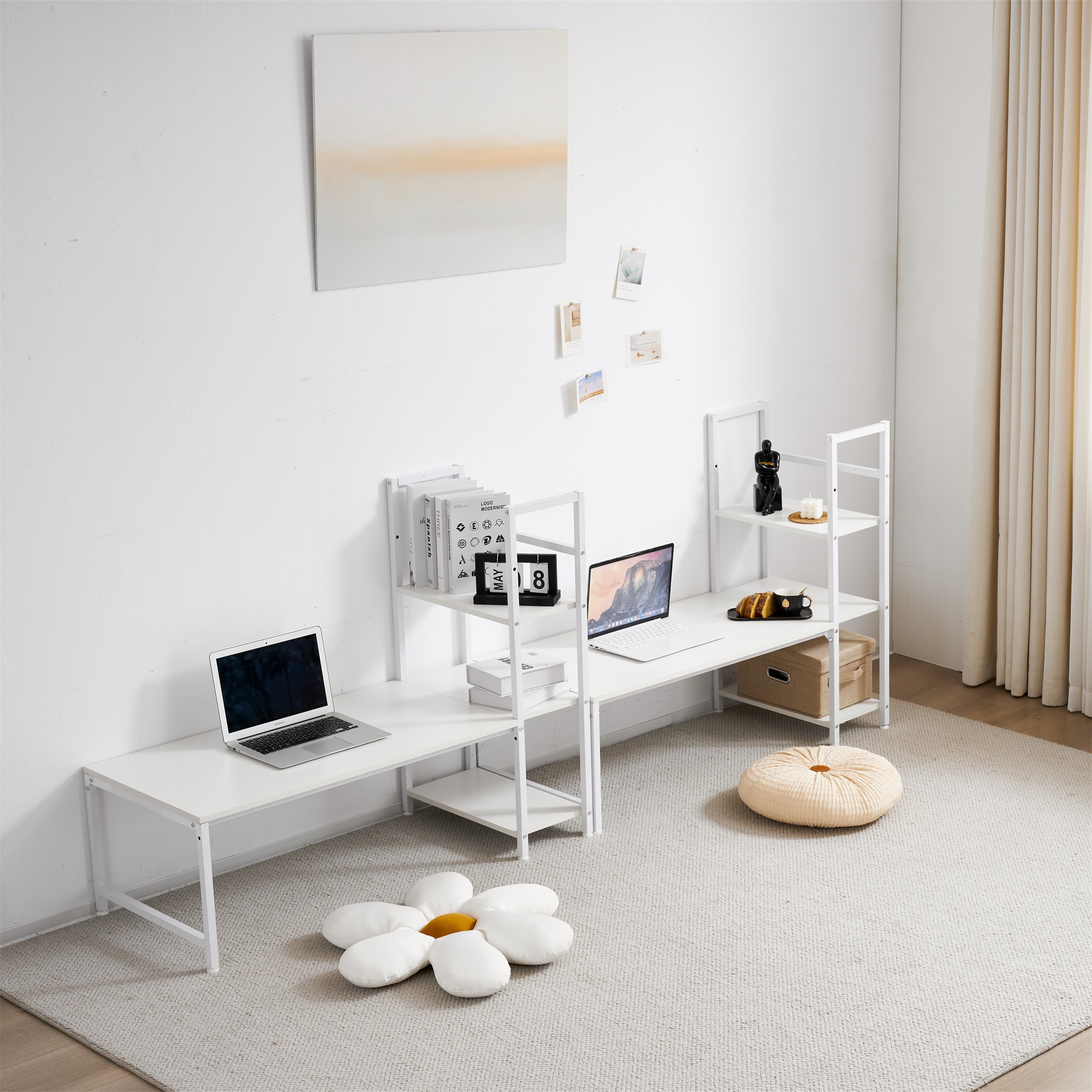 【国内発送,送.料無料】A128【新品登場】【ホワイト】H型PCデスク ロータイプ一体型 ラック付き デスク ワークデスク 木製 学習デスク