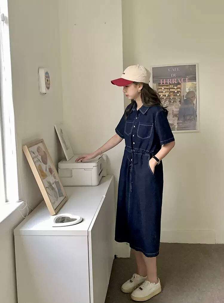 レディース ウエストギャザーリボン 半袖 デニムシャツ ワンピース