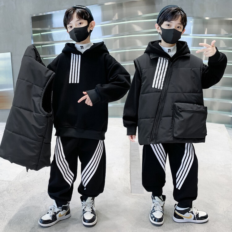子供服男の子冬金三点セット新品稲妻綿馬甲衛衣ズボン保温秋冬セット超クール