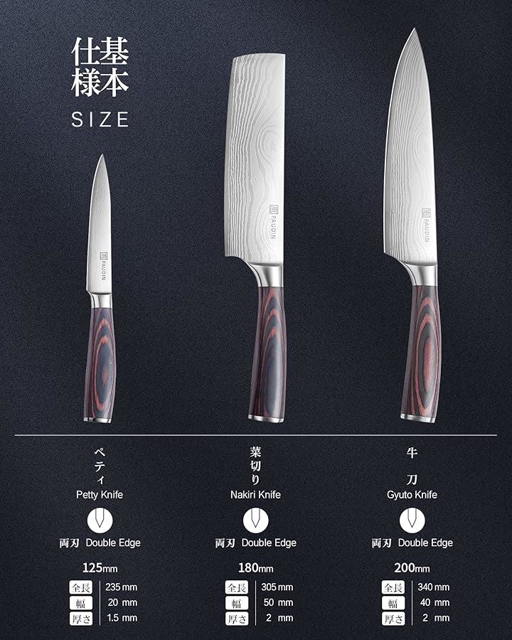 包丁セット 牛刀包丁・菜切り包丁・ペティナイフ3点セット 両刃包丁 5Cr15Mov高炭素ステンレス製 防錆 切れ味長い 肉切り・(Silver, 200mm/180mm/125mm)_1