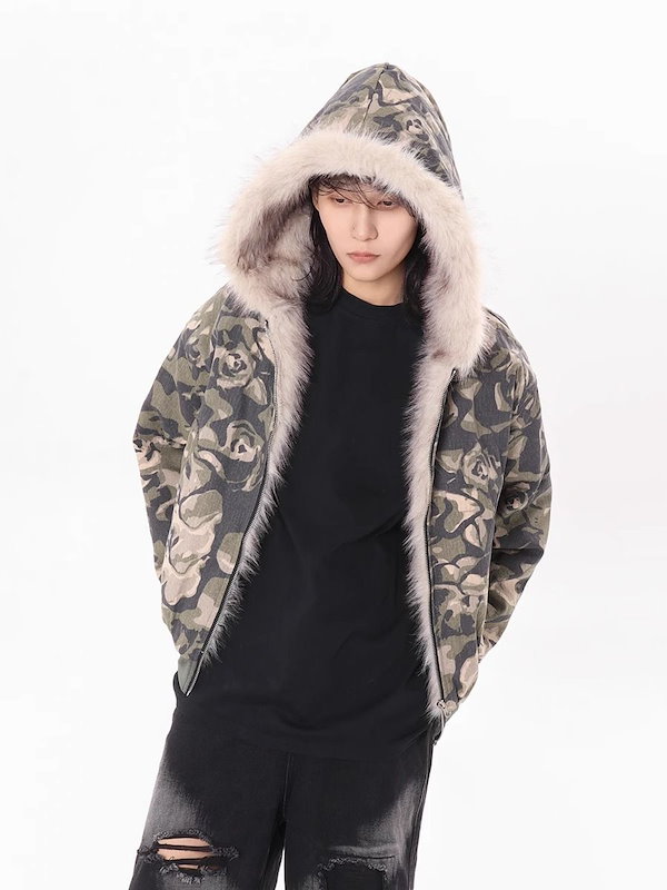 迷彩ファージャッケット　短丈　ファー取り外し可能　グレーブラック 迷彩ファージャッケット 短丈 ファー取り外し可能 グレーブラック