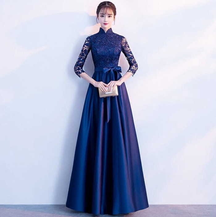 パーティードレス　結婚式 ワンピース　詰襟 ロングドレス パーティードレス ロング ドレス　ピアノ 発表会 演奏会 パーティー パーティ ブライダル ウェディング 20代 30代 40代 50代 春夏