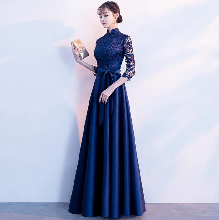 パーティードレス　結婚式 ワンピース　詰襟 ロングドレス パーティードレス ロング ドレス　ピアノ 発表会 演奏会 パーティー パーティ ブライダル ウェディング 20代 30代 40代 50代 春夏