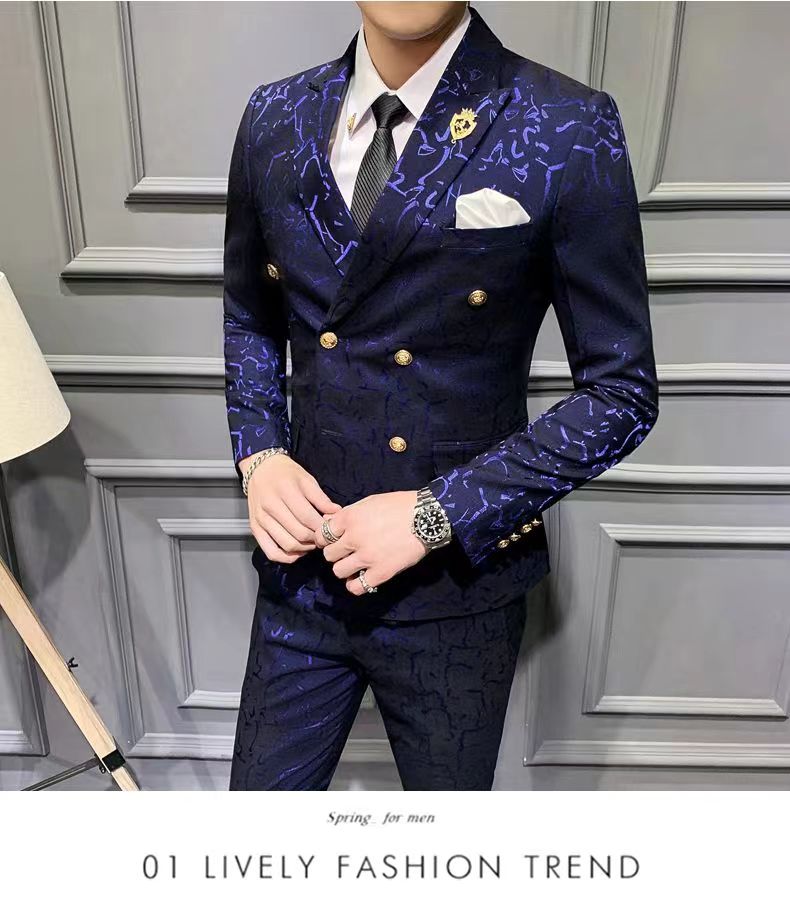 成人式 花婿の介添え結婚式スーツセットアップスーツベスト付きメンズ花柄総柄舞台ホストスリーピーススーツおしゃれブルーゆったり ステージ衣装 メンズ 貴公子 大人 演奏コスプレワインレッド ホスト スー